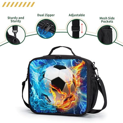 Soccer Lunch Box Blue Yellow Fire Lightning Football Kids Lunch Bag with Shoulder Strap for Boys Girls Durable Insulated Lunch Cooler Bag Thermal Meal Tote for School Picnic - color: A-Soccer