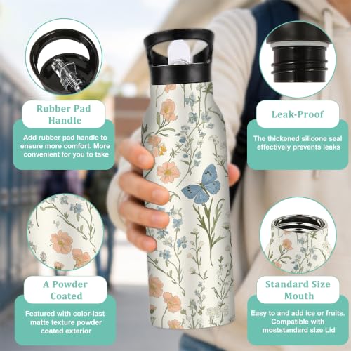 Wildflowers Butterfly 20 oz Insulated Water Bottles Plants Stainless Steel Thermal Bottle Leak Resistant with Straw Twist Cap and Handle for Sports Coffee Mug Cup - color: Wildflowers Butterfly,Plants