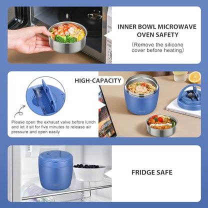 wiwens Thermo Food Jar for Hot Food Adults 32OZ Soup Thermo Lunch Containers Wide Mouth Vacuum Insulated Stainless Steel Leakproof Bento Box with Spoon (Blue) - color: Blue