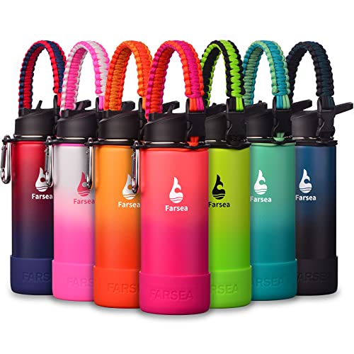 Farsea Insulated Water Bottle With Paracord Handle, Protective Silicone Boot and 2 Lids (Straw Lid & Spout Lid), Stainless Steel Water Bottle Wide Mouth, Double Wall Sweat-Proof BPA-Free, 18 oz - color: Coral/Punch, size: 18 Ounces