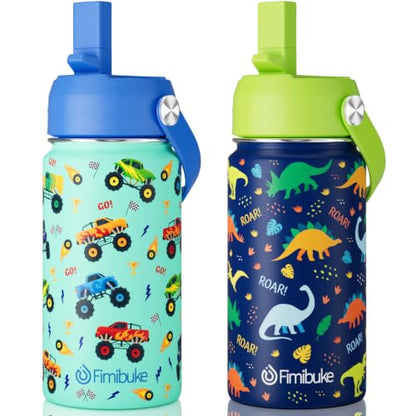 Fimibuke Kids Insulated Water Bottle, 14oz BPA FREE Double Wall Vacuum Tumbler 18/8 Stainless Steel Leak Proof Kids Cups with Straw Metal Water Bottle for School Boys Girls, 2 Pack - color: Dinosaur & Monster Trucks