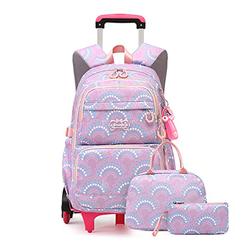 Mfikaryi 3PCS Girls Rolling Backpack Elementary Student Schoolbag Travel Trolley Bag Wheeled Bookbag with Lunch Box - color: 3pcs-purple-6 Wheels