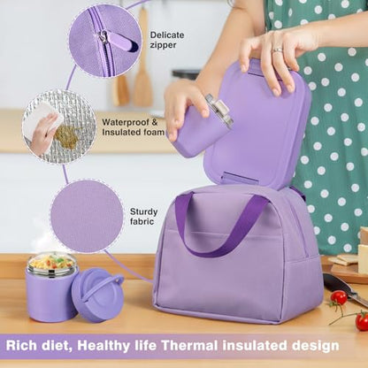 Bento Lunch Box Set with 10.5oz Soup Thermo Food Jar for Adults Kids, Stainless Steel Leak-proof Lunch Container with 4 Compartment, Coffee Tumbler with Lunch Bag for School Travel Office-Purple - color: Purple