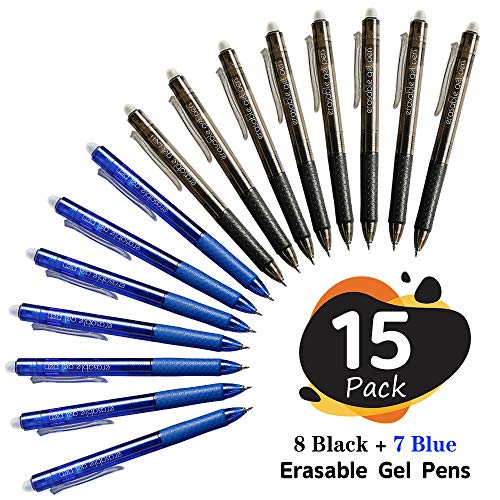Lineon Erasable Gel Pens, 15 Pack Retractable Erasable Pens Clicker, Fine Point, Make Mistakes Disappear, 8 Black 7 Blue Inks for School & Office - color: 15 Pack Black Blue