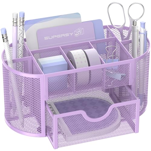 SUPEASY Mesh Desk Organizer, Desk Accessories & Workspace Organizers with Drawers, Pencil Holder for Desk with 9 Compartments for Office Suppliess, School, Classroom, 8.6 x 4.3 x 4.1 Inch, Purple - color: Lilac Purple