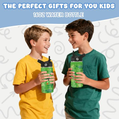 Hiboss Dinosaur Gifts for Boys, 16oz Kids Water Bottle with Straw Lid, Stainless Steel Insulated Dino Cup Tumbler, Dinosaur Lovers Birthday Gifts for School Sport Travel - color: Dinosaur