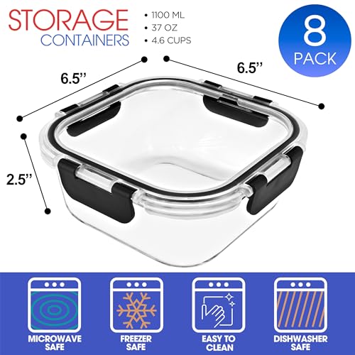 Sorbus Glass Meal Prep Containers, Dishwasher and Oven Safe Reusable Meal Prep Containers, Freezer Safe Glass Food Storage Containers with Airtight Lids - size: 8 Square