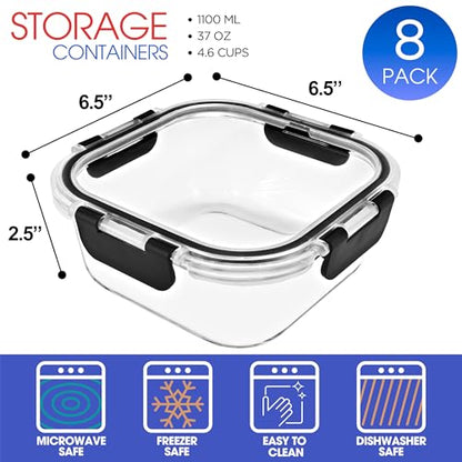 Sorbus Glass Meal Prep Containers, Dishwasher and Oven Safe Reusable Meal Prep Containers, Freezer Safe Glass Food Storage Containers with Airtight Lids - size: 8 Square