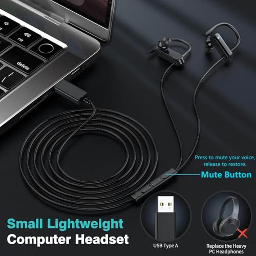 USB Headphone with Over Ear Hook for PC Computer,8.2FT Wired Earbuds with Mute Mic Volume Control,USB A Earphone for Chromebook Laptop,Hifi Stereo Noise Canceling In-Ear Headset for School Office Zoom