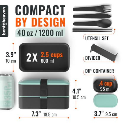 Bentoheaven Bento Box Adult, Stackable Lunch Box, 40 oz, Billie Green | BPA-free, leakproof and microwave-safe with 2 compartments, utensils, chopsticks, divider and sauce cup for men and women. - color: Billie Green