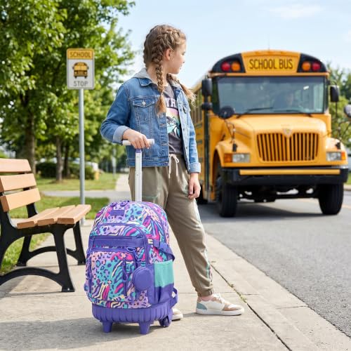 Meetbelify Rolling Backpack for Girls Boys Backpacks with Wheels Kids Carry on Luggage for Girls Boys - color: Blue Leopard