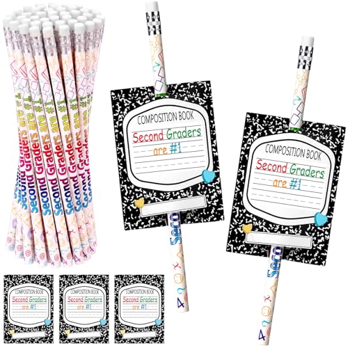 Tenceur 24 Set/48 Pcs Back to School 2nd Graders Pencils and Cards Set, Second Grade Motivational Wooden Pencil with Erasers, Composition Book Greeting Note for Student Classroom Reward Gift - style: 2nd Graders