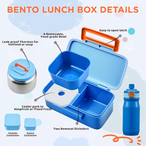 MAISON HUIS Bento Box for Kids with 8oz Soup Thermo, Insulated Lunch Bag & 17oz Water Bottle, 2-Compartment Bento Box with Built-In Ice Pack, Leak-Proof & BPA-Free (Blue) - color: Blue