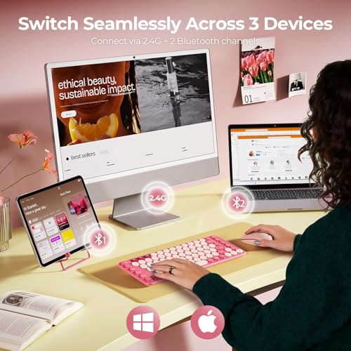 seenda Bluetooth Wireless Keyboard and Mouse Combo, COE203 Quiet Round Keycaps, 3-Device Multi-Connection, Bluetooth & 2.4G USB Receiver, Wide Compatibility with iPad/Tablet/Laptop/Mac/Windows, Pink - color: Pink