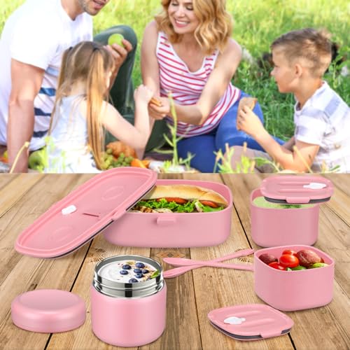 Pawtong Bento Lunch Box with 8oz Soup Thermo, Kids Sustainable Bento Box Leakproof Lunch Food Containers with Lunch Bag, Kids Thermo Insulated Hot Food Jar for School, Trvael (Pink) - color: Pink