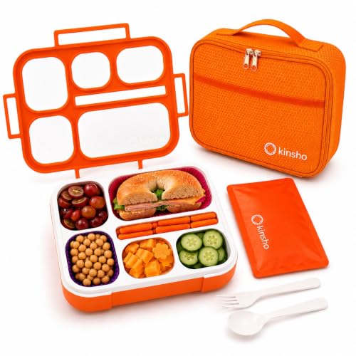 kinsho Lunch Boxes for Kids Boys Teens - Bento Box Set with Insulated Bag and Ice Pack, 6 Compartment Leak Proof Food Container, BPA-Free, Microwave Safe, Ideal for School & Work, Orange - color: Orange