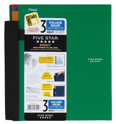 Five Star MEAD Notebook, 3-Subject, College Ruled, 150 Sheets, 8-1/2 x 11 Inches, Assorted (MEA08190)