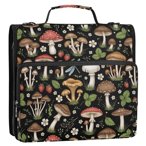 Zipper Binder Bag 3 Ring File Folder Portfolio Organizer Zippered Binder Bags with Strap Fits Laptop Women Men - color: 33-mushrooms Black