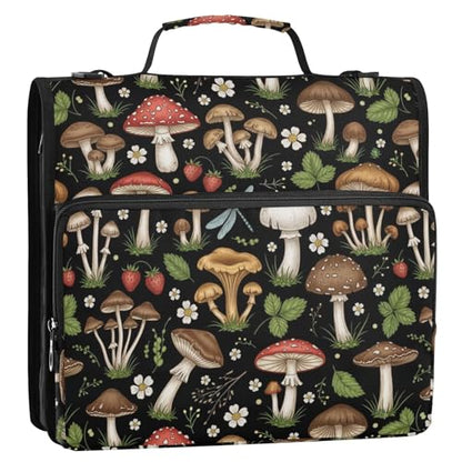 Zipper Binder Bag 3 Ring File Folder Portfolio Organizer Zippered Binder Bags with Strap Fits Laptop Women Men - color: 33-mushrooms Black