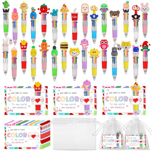 CZWZ 30 Set Cute Multicolor Pens in One 4-in-1 Fun Pens Bulk with 30 Valentines Day Cards for Valentine's Day Party Student Colleagues Greeting Exchange Gift Office School - style: 30Set-Valentine