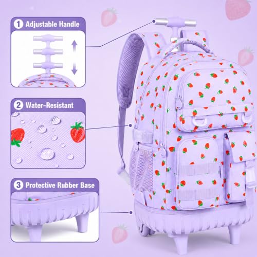 WZLVO 3PCS Roller Backpack, Water Resistance Girls Wheeled Bookbag, Women Aesthetic Rolling School Bag Set with Lunch Box & Pencil Bag for Teens & Kids - Purple Strawberry - color: 3pcs Girls Rolling Backpack - Purple Strawberry