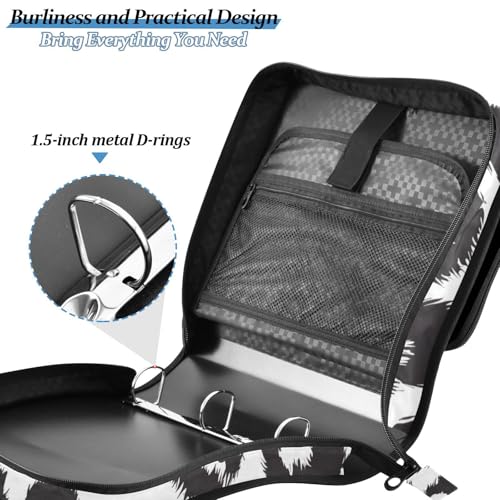 Bolaz Durable 3 Ring Binder Bag with Zipper,Black and White Leopard Print Pattern,1.5 Inch Multi-Pockets Organizer with Shoulder Strap and Handle - color: Black and White Leopard Print Pattern