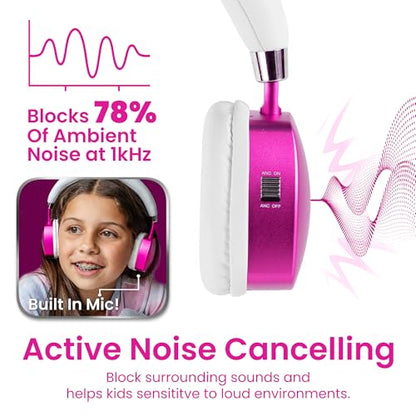 Puro Sound Labs Noise Cancelling Headphones for Kids - 85 dB Volume Limit, Built in Mic, 35-Hour Battery, Lightweight On Ear Design & Comfy Fit, Bluetooth Headphones for Kids – PuroQuiet Plus, Pink - color: Pink