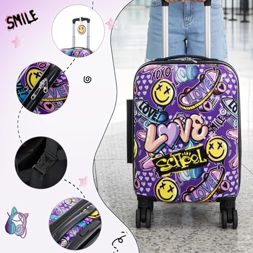 16’’ Kid’s Luggage Set with Spinner Wheels, Hardside with Suitcases,6 Piece | Carry on Luggage, Travel Rolling Luggage Airline Approved Suitcase Set with Spinner Wheels Girls Boys - color: Emoji