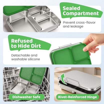 Pawtong Stainless Steel Bento Box for Kids and Adults, 3 Compartment Leakproof Lunch Box with Removable Silicone Seal and Silicone Contianer, Metal Lunch Container for School, Work and Travel (Green) - color: Green
