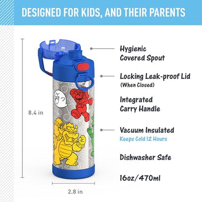 THERMOS FUNTAINER Water Bottle with Spout, 16oz, Mario | Kids Stainless Steel Insulated Water Bottle, Keeps Drinks Cold Longer for School & Play, BPA-Free - color: Mario, size: 16 Ounces