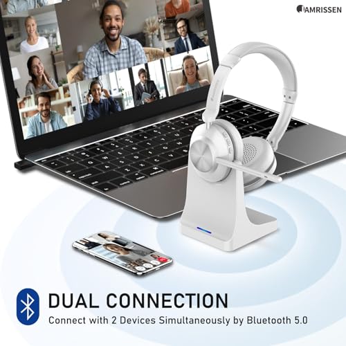 Wireless Headset with Mic for Work, Bluetooth Headphone with Microphone, AI Noise Canceling Mic & Mute, Wireless Headset with USB Dongle & Charging Dock for PC/Cell Phones/Call Center/Teams