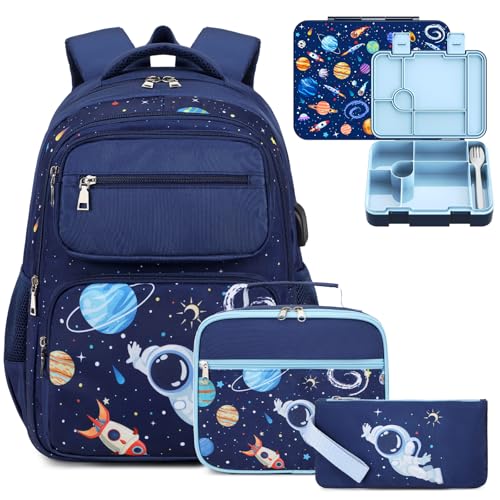 Bevalsa Kids Backpack for Boys with Bento Lunch Box, Insulated Bag & Utensils, 43oz Lunch Containers with 6 Compartment, School Bags for Elementary Middle School Student (Space) - color: Space