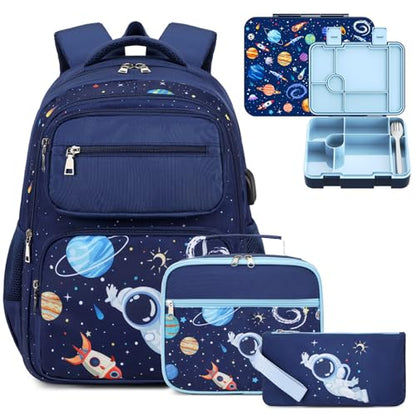 Bevalsa Kids Backpack for Boys with Bento Lunch Box, Insulated Bag & Utensils, 43oz Lunch Containers with 6 Compartment, School Bags for Elementary Middle School Student (Space) - color: Space
