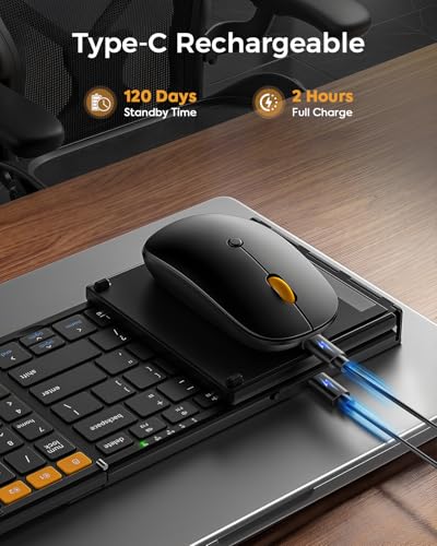 Foldable Keyboard and Mouse with Storage Bag, 2.4G+BT5.0 x 2 for Laptop | Full-Size US Layout, Quiet in Shared Spaces, Travel Essential, Wireless Mouse, USB-C Rechargeable, for Win/Mac/iOS/Android