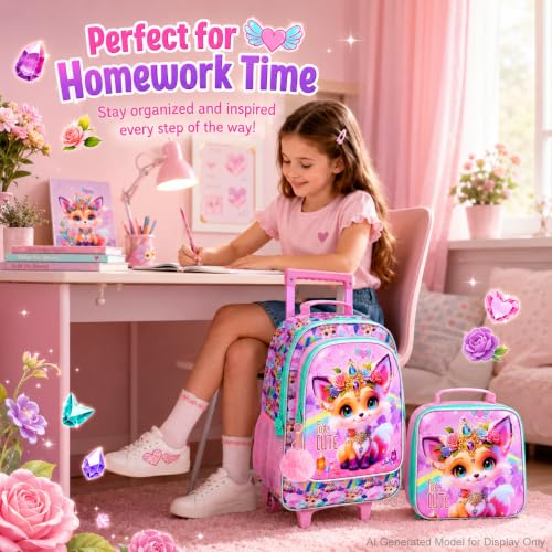 3Pcs Rolling Backpack for Girls, Kids Roller School Backpack with Wheels, Fox Wheeled Bookbag for Elementary Preschool Kindergarten(Pink) - color: Fox Yellow