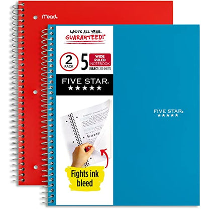 Five Star Spiral Notebook, 5 Subject, Wide Ruled Paper, 8" x 10-1/2", 200 Sheets, Tidewater Blue & Fire Red, 2 Pack (930082) - color: Tidewater Blue, Fire Red