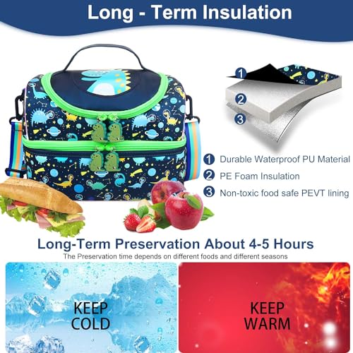 RHCPFOVR Kids Lunch Bag - Double - Decker Cooler Insulated Lunch Box for Boys Girls,Washable Lunch Bag with Strap and Reusable Toddler Lunchbox for School and Daycare - color: Dark Blue Dinosaur