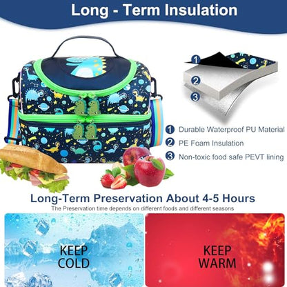 RHCPFOVR Kids Lunch Bag - Double - Decker Cooler Insulated Lunch Box for Boys Girls,Washable Lunch Bag with Strap and Reusable Toddler Lunchbox for School and Daycare - color: Dark Blue Dinosaur