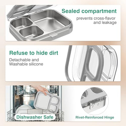 HOMEKOL Stainless Steel Bento Lunch Box, Grey, 3.3Cups | 3-Compartment,Leak-Proof, for Kids & Adults, BPA-Free, Dishwasher Safe, Clear Tritan Lid, 800ml (Not Insulated) - color: Gray, size: 27oz (800ml)