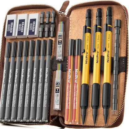 Nicpro 21PCS 1.3 mm Mechanical Pencil Set in Leather Bag with 138 Lead Refill, Eraser, Eraser Refills - Weatherproof Metal Barrel, Heavy Duty Carpenter Pencil for Outdoor Marking Drawing Woodworking - color: Yellow