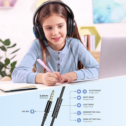 AILIHEN A8 Headphones Wired for School Students Kids K-12 Classroom，Adjustable, Foldable, Over-Ear Headsets with Microphone HD Stereo Sound 3.5mm Jack for Chromebook (Blue)