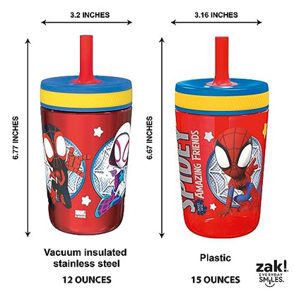 Zak Designs Spidey and His Amazing Friends Kelso Tumbler Set, Leak-Proof Screw-On Lid with Straw, Bundle for Kids Includes Plastic and Stainless Steel Cups with Bonus Sipper, 3pc Set, Non-BPA - color: Spider-man Spidey and His Amazing Friends, size: 3 Pie