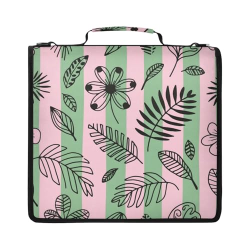 Hand-Drawn Leaves Zipper Binder with 2 Inch D-Rings Expandable File Portfolio with Shoulder Strap, Waterproof Nylon Organizer for 14" Laptop for Work College Travel