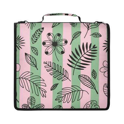 Hand-Drawn Leaves Zipper Binder with 2 Inch D-Rings Expandable File Portfolio with Shoulder Strap, Waterproof Nylon Organizer for 14" Laptop for Work College Travel