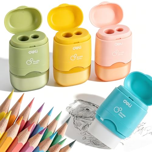 Deli Pencil Sharpener & Eraser, 4 Pack Pencil Sharpeners Manual, Dual Holes Compact Colored Handheld Pencil Sharpener with Lid for Kids, School, Office - size: 4 Pack