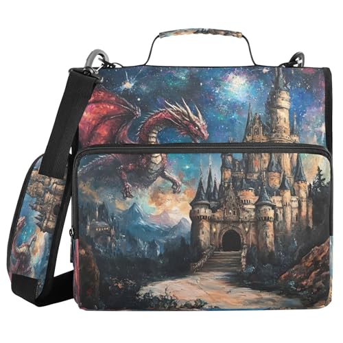 3 Ring Zipper Binder Dragon Castle Binder Organizer Portfolio with File and Shoulder Strap & Handle Large Capacity File Folder - color: Dragon Castle