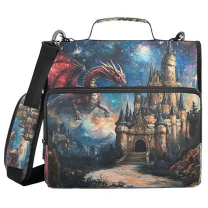 3 Ring Zipper Binder Dragon Castle Binder Organizer Portfolio with File and Shoulder Strap & Handle Large Capacity File Folder - color: Dragon Castle