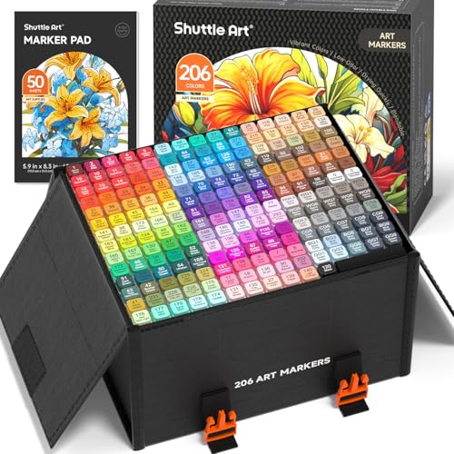 Shuttle Art 206 Colors Alcohol Markers, 204 Colors Dual Tip Art Marker Set Plus 2 Colorless Blender, Micro-tip Pens, White Highlighter Pens, Marker Bag Perfect for Students Adults Coloring - color: 205 Colors
