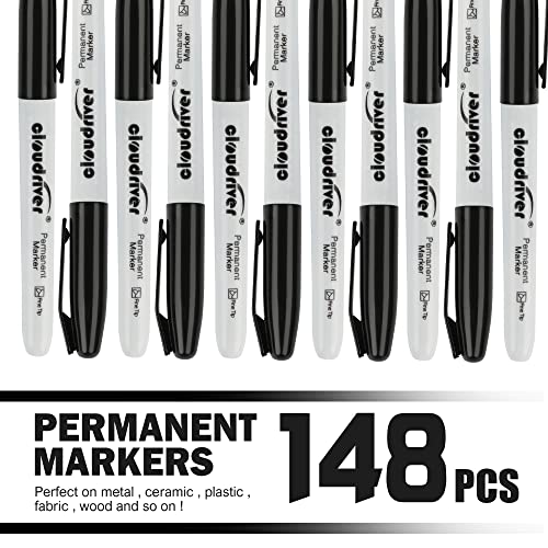 cloudriver Permanent Markers, 148 Pack Black Permanent Markers Set, Fine Point, Bulk Permant Markers Work on Wood, Plastic, Metal, Stone, Glass