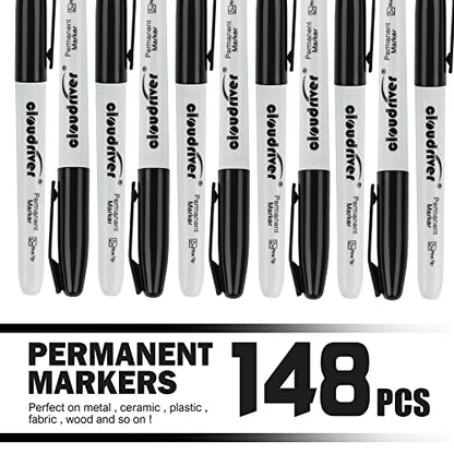 cloudriver Permanent Markers, 148 Pack Black Permanent Markers Set, Fine Point, Bulk Permant Markers Work on Wood, Plastic, Metal, Stone, Glass
